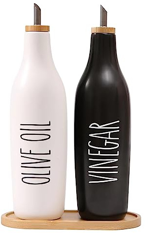 HOMCDALY Olivenöl und Essig Spender Set, Keramik Öl und Essig Flaschen mit Bambus Tablett, 16 Unzen Ölbehälter Küche Olivenöl Menage Ölbehälter Küche Dekor | 2er Set - P-Black&White