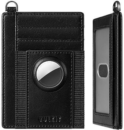 VULKIT Slim AirTag Plånbok med AirTag-hållare, Läder RFID-spärrande Plånbok Korthållare Minimalistisk Airtag Smart Wallet med Nyckelring