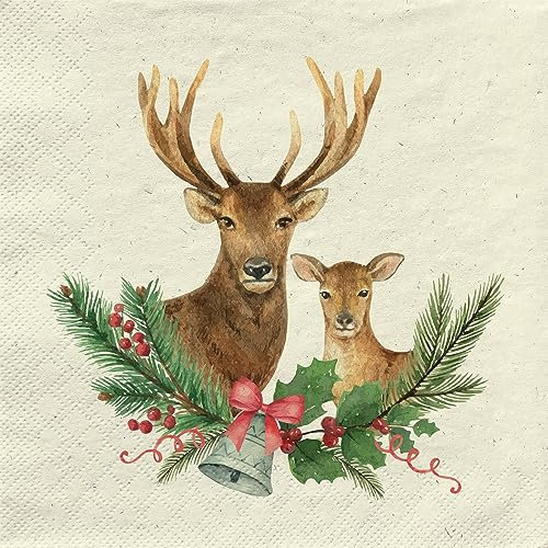 20 Servietten aus Recycling-Papier Weihnachten Hirschpaar an Zweige als Tischdeko. Papierservietten mit Motiv. Auch für Decoupage und Serviettentechnik 33x33cm