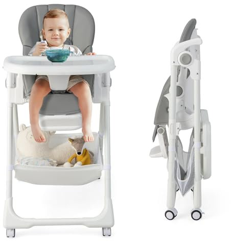 COSTWAY Babyhochstuhl klappbar, Hochstuhl umwandelbar mit Aufbewahrungskorb, Kinderstuhl tragbar mit verstellbarer Höhen, Rückenlehnen- & Fußstützen, 5-Punkt-Gurt für 6-36 Monaten Baby (Grau)