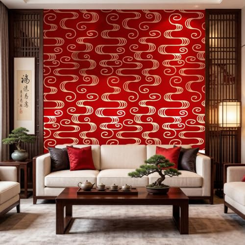 BaierSai 9.5X0.53M Traditional Chinese Red Yellow Abstract Matt Waterproof Textured PVC Wallpaper Roll for Bedroom Livingroom 1.73' W x 31.2' L=5.035㎡ (54sq.ft)