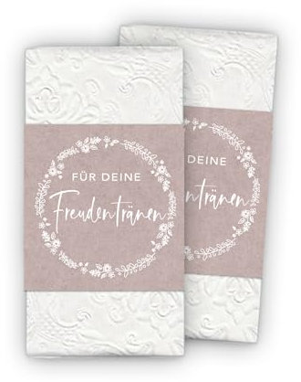 50 Freudentränen Banderolen + Klebepunkte zum verschließen - Kranz weiß rosa Kraftpapier Look - Für Taschentuch Gastgeschenke Hochzeit & Taufe Kirche Trauung Kommunion