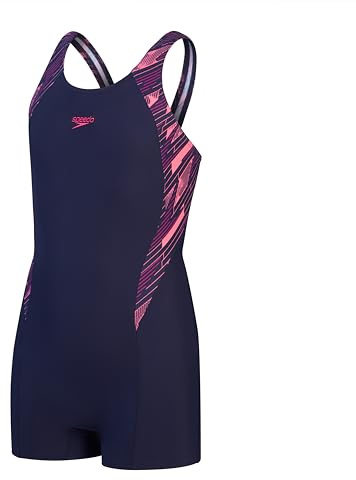Speedo Combinaison Hyperboom Splice pour Fille | Résistant au Chlore | Séchage Rapide | Tissu Extensible | Coupe Confortable | 1 pièce, Bleu Marine/Rose électrique/Rose Fandango, 11-12 Ans