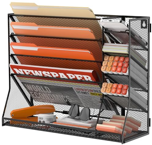 SUPEASY Wandordner-Organizer, 5-stöckiger Schreibtisch-Organizer mit 4 Stifthaltern, Wand-Organizer für Büro mit R-förmiger Bodenablage, Schreibtisch-Organizer und Zubehör für Bürobedarf, Schwarz