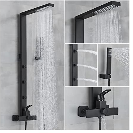 Rain Shower System Used for Bathroom Renovation, Wall Mounted Black Single Handle Shower Combo Set with Waterfall Tub Faucet and Back Spray, Shower Head and Handheld Shower Head