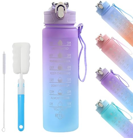 YekouMax Borraccia 750ml, Boraccia Palestra con Cannuccia e Orari per Bere, Borracce Motivazionale Sportiva, Prova Di Perdite, Senza BPA Plastica Bottiglia Acqua (Viola Sfumato, 750ml)