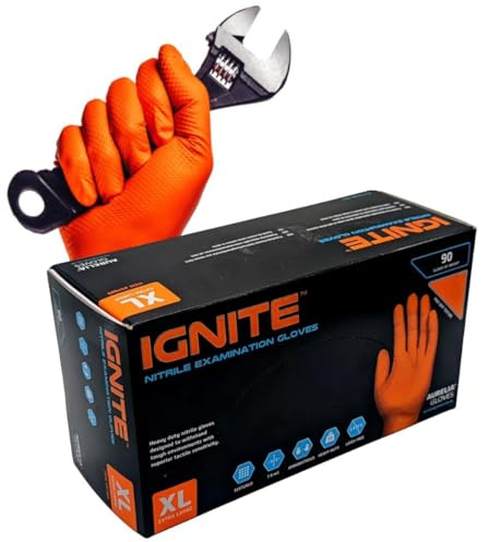 Apex Business Supplies X-Large Ignite Orange Nitrile Disposable Gloves | Powder-free & Latex Free Nitrile Gloves, Extra Thick & Mechanics Diamond Textured Grip Gloves | 90 Gloves (1 Box)