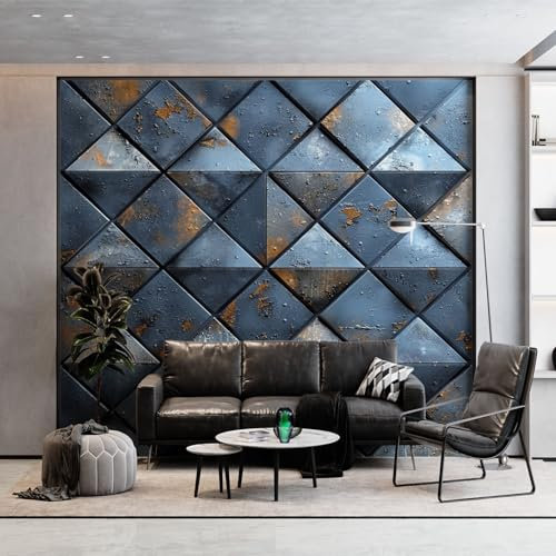 Papier Peint Panoramique Géométrie 3 D Nostalgique Rayé Poster Mural, 200 x 140 cm (WxH) Peinture Murale pour Salon, Chambre, Chambre d'enfants, Restaurant Bleu Décoration Murale