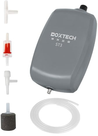 Boxtech Aquarium Luftpumpen Einstellbare (3 Watts),Fisch Sauerstoffpumpe Einzelnes Loch,Aquarien Pumpe Mit Luftschlauch, Stein und Rückschlagventil