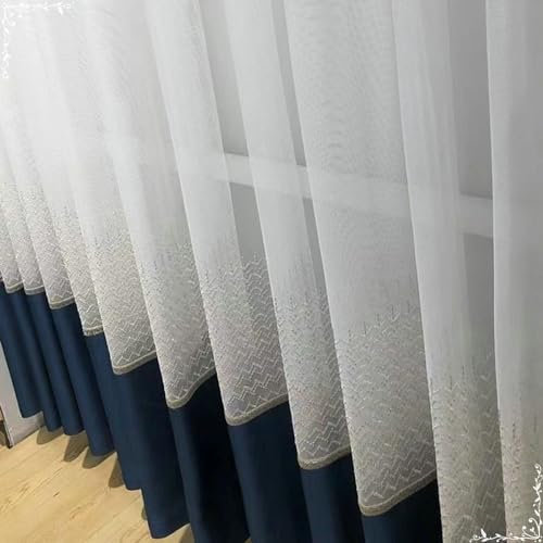Beydodo Vorhänge Weiß Blau 2er Set mit Haken, Gardinen für Schienensystem mit Wellen Motiv Nordisch 86x160CM Gardinenschals Halbtransparent für Wohnzimmer Schlafzimmer Küche
