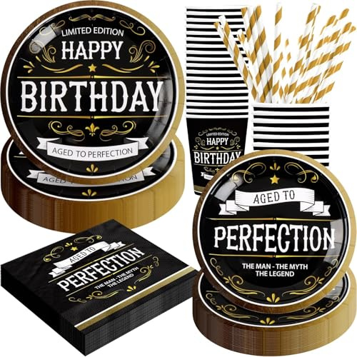 Decoraciones de cumpleaños envejecidas a la perfección, 120 piezas de decoraciones de fiesta de cumpleaños para hombres, vajilla desechable que incluye platos de papel, servilletas, vasos y pajitas |