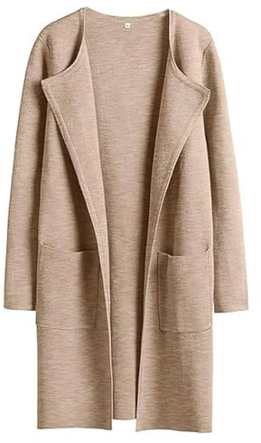 Mantel Damen Winter Elegant, Wintermantel Damen Lang Lang-Cardigan Open Front Strickmantel Mit Taschen Einfarbig Winter Wintermantel Leichte Revers Stricken Winddicht Windjacke Übergangsmantel