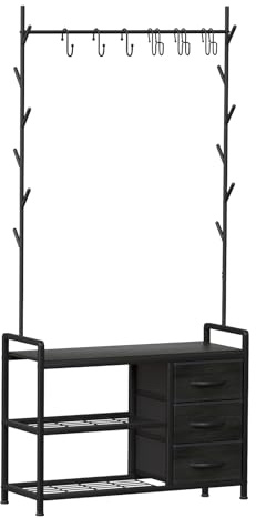 Metall Garderobe Sitzbank Stauraum 176x30x84cm Schwarze Holzmaserung | Leader Accessories Garderobenständer mit Schuhablage und Sitzbank Standgarderobe für Jacken Mäntel und Schuhe Flur
