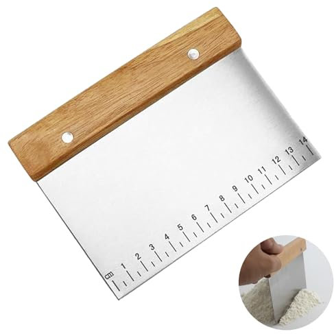 Dough Scraper Cutter, Stainless Steel Dough Scrappers Bread Bench Pastry Kitchen Cutter with Wooden Handle Measuring Scale, Scraper Chopper for Pizza Bread Pastry Cake Baking Shaping, 15 x 11 ×1.5 cm