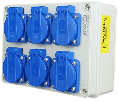 RoadEu Steckdosenverteiler IP44 | 6x Schuko 230V 16A Steckdosen mit Klappdeckel | Aufputz Stromverteiler für Innen- & Außeneinsatz, vorverdrahtet, robuste Ausführung