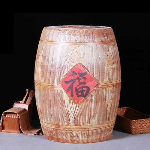 ZYZSY Ceramic Rice and Grain Storage Container with Lid, Ceramic Rice Bucket with Tassel Design, Airtight Bulk Food Storage Dispenser, for Kitchen Food Storage Box(Wood color1,32 * 40cm/12.5 * 16in)