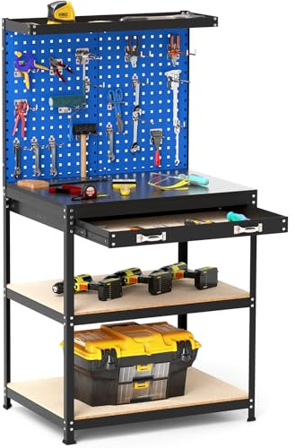 COSTWAY Établi Atelier Garage avec Étagères et Tiroir 2 Panneaux Perforés, Table de Travail Cadre en Métal avec 20 Crochets de Suspension pour Garage Atelier Entrepôt, 81 x 41 x 156 cm (Noir+Bleu)