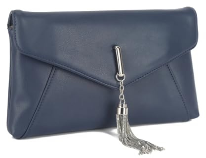 LeahWard Evening Clutch Purse, Chain Strap, Tassel Detail, Envelope Design (Navy)