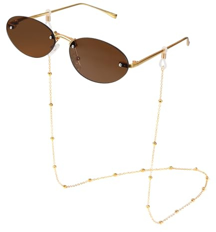 MEGAVOW Trendy Rimless Oval Sunglasses with Eyeglasses Straps, Fashion Tinted Frameless Sunglasses, Vintage Small Round Eyewear, Retro Glasses for Women Men, Fashion Tinted Coloured, UV Protection