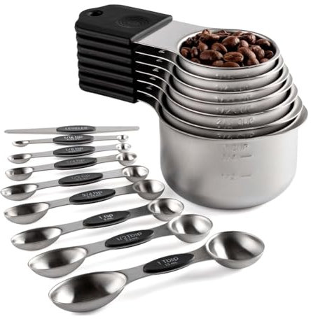 Reinscer Juego de 16 tazas y cucharas medidoras magnéticas de acero inoxidable, 7 vasos resistentes, 8 de doble cara con de burbuja, color negro
