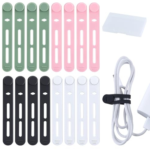 GOLD DEER 16Pcs Silicone Cord Organizer Wrap with Storage Case for Bundling Earphone Phone Charger Computer Cords Reusable Cable Ties Wire Organizer in Home Office Kitchen School (4 Colors)