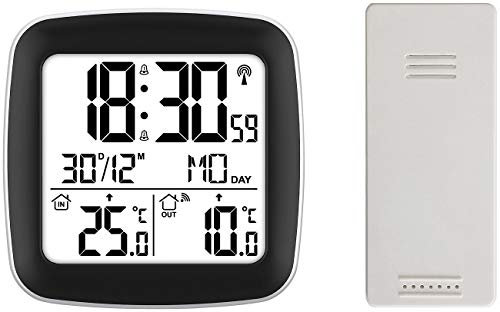 infactory Funkwecker mit Batterie: Digitaler Funkwecker mit Dual-Alarm, Thermometer, Versandrückläufer (mit Außensensor, für Reisen und Camping, Wetterstation)