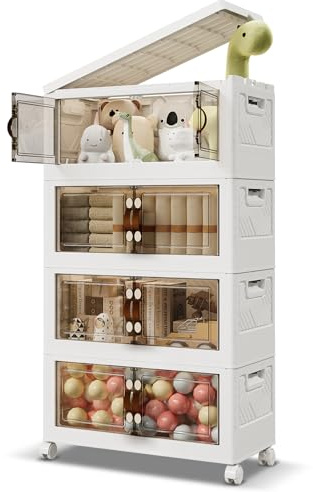 Warmiehomy Storage Box with Lid 60L*4 Tier Plastic Stackable Storage Drawers with Wheels, Foldable Collapsible Lidded Bins Containers, Compact Stacking Crates for Office Home Bedroom Organisation