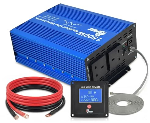 Spark 1500W Modified Sine Wave Inverter, 12V DC to 240V AC, LCD Remote Display, 3000W Peak Power, UK Sockets