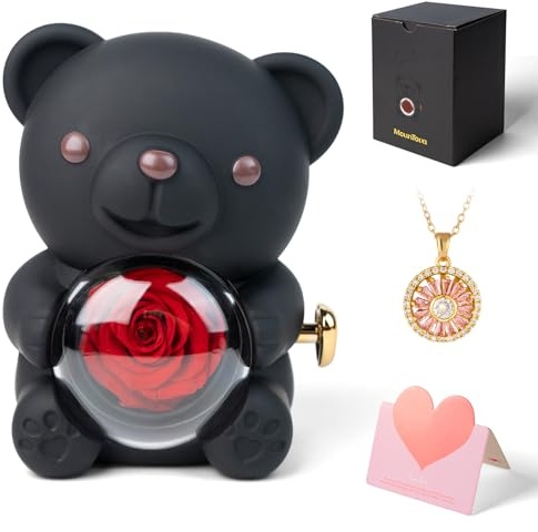mountova Simpatico orsacchiotto con rosa conservata e collana, romantico orso rose regalo con portagioie per donne, fidanzata, moglie, regalo di San Valentino, decorazione floreale rosa eterna, nero