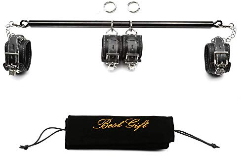 Expandable Black Spreader Bar Set with 4 pcs BlackPlush Leather Fur Adjustable Straps Yoga Gym Kit Exercise