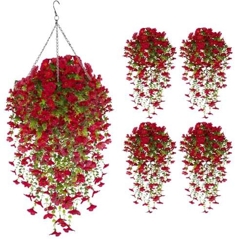 EUWLY Künstliche Hängeblumen und Kunstpflanzen für den Außenbereich Seidenviolette Rankenblumen für die Dekoration im Außen- und Innenbereich UV-beständige, für Veranden, Häuser, Terrassen (4, Rot)