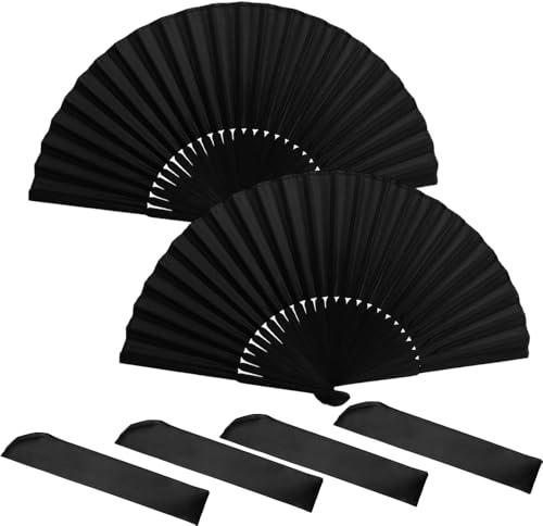 4 Pcs Black Folding Hand Fans Classic Style Fabric Bamboo Ribs Hand Held Chinese/Spanish Foldable Fans for Wedding, Party Favors, Performance, Dance, Home Decorations, Festival