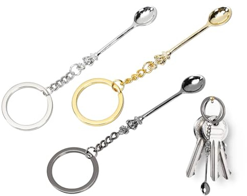 3 Pcs Tiny Spoon,Coke Spoon Keyring,Mini Crown Teaspoon Pendant Keychain Set Polychrome Cute Powder&Medication&Spice Spoons Necklace Accessories Gift for Family,Friends,Classmates(Silver&Black&Gold)
