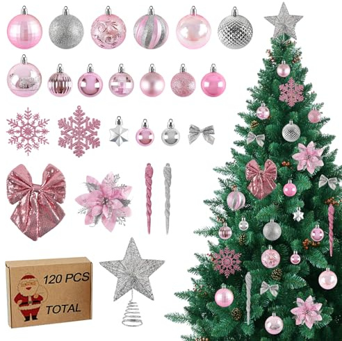 Joyblossom 120pcs Christmas Baubles Pink and Silver, Pink Christmas Decorations, Xmas Baubles, Ornaments for Tree, with Snowflakes, Bows, Hanging Decorations for Xmas Tree, Party, Festive Holiday