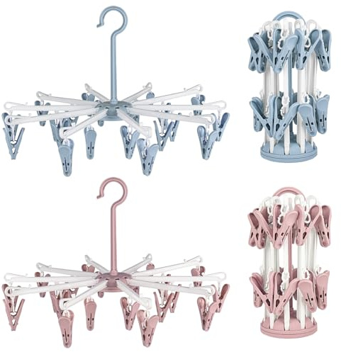 bssmmai 2 Stück Sockentrockner Hängend, Socken Trockner, Socken Aufhänger für Wäscheständer, Camping Sockenaufhänger mit 20 Clips für Socken Unterwäsche Kleine Kleidung (Rosa, Blau)