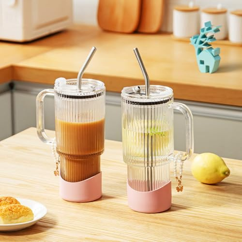 Baffect Iced Coffee Cup with Lid & Stainless Steel Straws (2 Pack, Ribbed) | 25oz/740ml Glass Tumblers With Pink Silicone Cup Boot & Charm, Coffee Mug For Iced Latte,Smoothie, Matcha