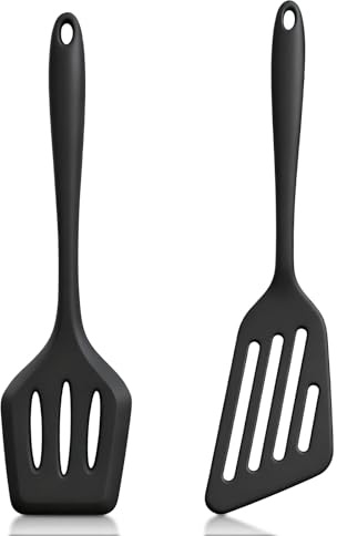 Lahnaokfis 2 Pezzi Spatola Silicone Cucina, Spatole Cucina Antiaderenti con Fessure, Resistenti Calore, Utensili Senza BPA, Pentole Ideali per Pesce, Uova, Pancake, Lavabili in Lavastoviglie, Nero