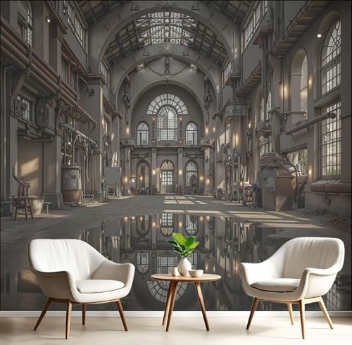 Carta Da Parati Effetto 3D Fabbrica Abbandonata 350× 256cm, Fotomurali Non Tessuto XXL, Decorazione Poster Arte Murale Realismo Spazio per Casa Ufficio Camera Letto Soggiorno