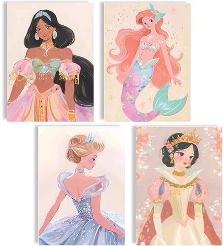 mojoliving Prinzessinnen Poster Set 4er Set Wandbilder in Pastellfarben A4 Kunstdrucke für Mädchenzimmer Kinderzimmer oder Wohnzimmer Deko Illustration Art Prints
