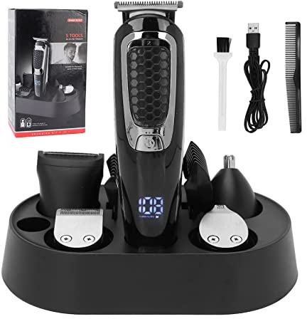 Cortadora de cabello profesional Kit de peluquería eléctrica 5 en 1 con múltiples accesorios para hombres y cortes de cabello familiares Cuchillas de acero inoxidable con batería