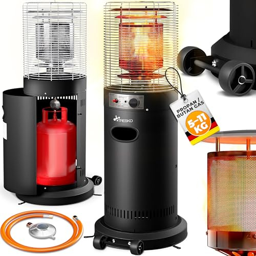 TRESKO Chauffage de terrasse à gaz 11kW + roulettes, pour bouteilles 5 & 11kg | Chauffage extérieur puissant pour terrasse, balcon, jardin, camping | Parasol chauffant avec tuyau et détendeur (Noir)