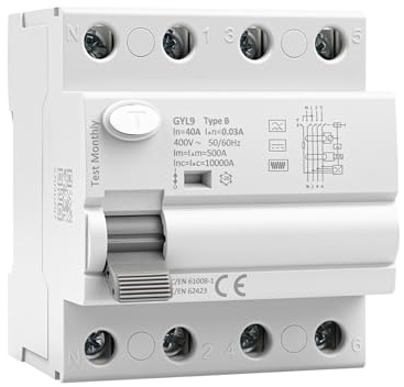 Disjoncteur différentiel 30mA Type B interrupteur différentiel 40A 30mA 3P+N 10kA RCCB disjoncteurs de courant résiduel AC400V convient aux stations de recharge et aux équipements industriels GYL9