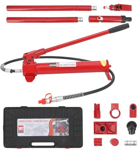10 Ton Porta Power Kit, Heavy Duty Hydraulic Ram with Hand Pump & 1.4m Oil Hose, Auto Body Frame Repair Tool Set, Overload Protection, Portable Storage Case for Car, Truck, Farm, Garage