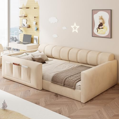 Dolamaní Gepolstertes Bodenbett 90x200 cm für Kinder und Erwachsene, Samt Polsterbett mit hohen Sicherheitsgeländern und Sofa-Kopfteil, Bett mit Lattenrost, ohne Matratze (Beige B)