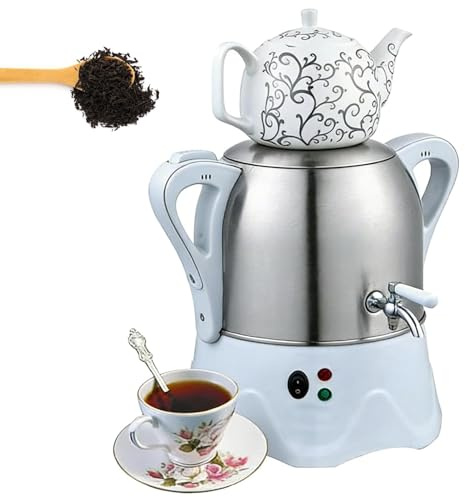 Turkish Tea Maker 2000W, 3L Stainless Steel Electric Samovar with 1L Ceramic Teapot, Keep Warm Coffee Herbal Tea Brewer for Home Gift white