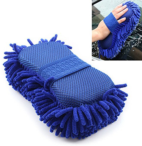 DUBENS Mikrofaser Autoschwamm Autowäsche Schwamm Reinigungsschwämme Waschhandschuh Weich Korallen Autowaschhandschuh Autowäsche, Handschuh mit Reinigungstuch Trokentuch Poliertuch 1 Stück (Blue)