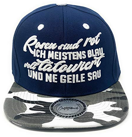 Outfitfabrik ♥ Snapback Cap Rosen sind rot, ich meistens blau, voll tätowiert und ne Geile Sau in dunkelblau, Schirm in schneecamouflage 3D-Stick in weiß (Tattoo, Spruch lustig)