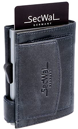 SecWal Kartenetui mit Münzfach Druckknopf inkl. Geschenkbox - Made in Germany - Echtleder Mini Geldbörse inkl. E-Book für Damen und Herren - RFID Schutz Geldbeutel klein (Vintage Blau)