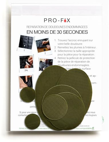 PRO FIX: Einfach zu verwendende Flicken-Sets für Daunenjacken - Selbstklebende, wasserfeste, reißfeste Flicken zur Reparatur von Kleidung, Schlafsäcken, Zelten, Outdoor-Ausrüstung (Olivgrün)