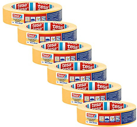 tesa 4334-00001-00 Precision Mask Indoor-Razor Sharp EdgeMasking Tape for Painting and Decorating, Residue Free Removal, 50 m x 25 mm, 6 Rolls